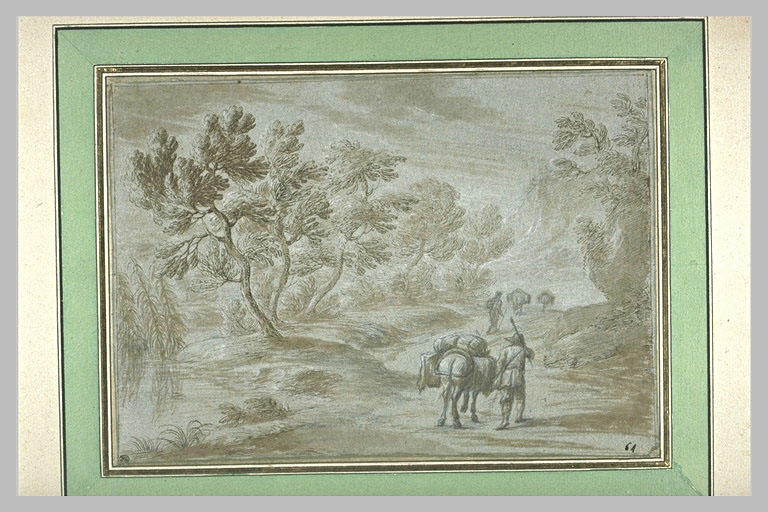 Chevaux bâtés, sur un chemin traversant un bois