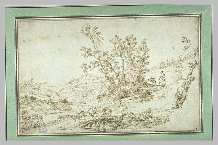 Berger et son troupeau sur un pont, dans un paysage valloné