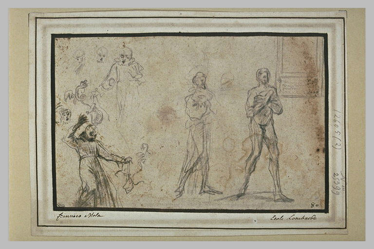Etudes : deux saints debout, deux saints tenant un serpent, trois têtes