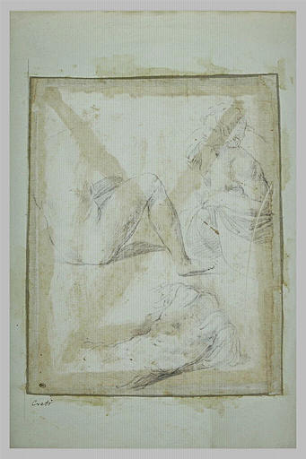 Buste d'une jeune fille, femme nue assise à terre, torse d'un soldat