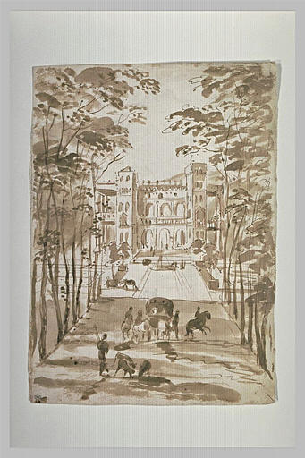 Vue d'un palais avec une allée bordée d'arbres et animée de figures