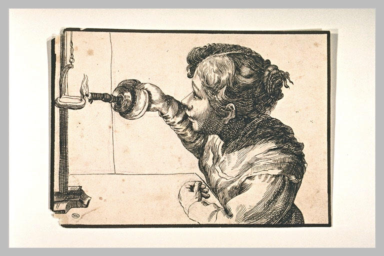 Jeune fille allumant une lampe à huile à l'aide d'une chandelle