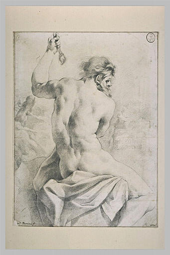 Homme nu et barbu, assis, de dos, le bras gauche levé, tourné vers la droite