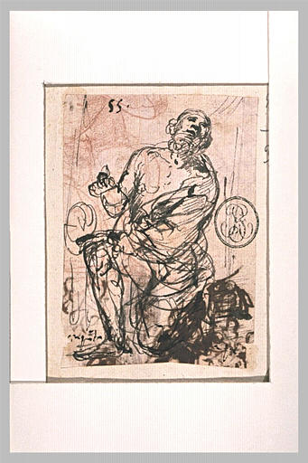 Homme, vu de face, le genou gauche à terre