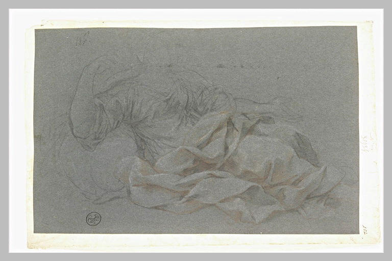 Figure drapée, assise, les bras écartés, tournée vers la droite : Agar