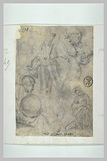 Etudes : homme drapé à mi-corps, quatre têtes, une figure agenouillée