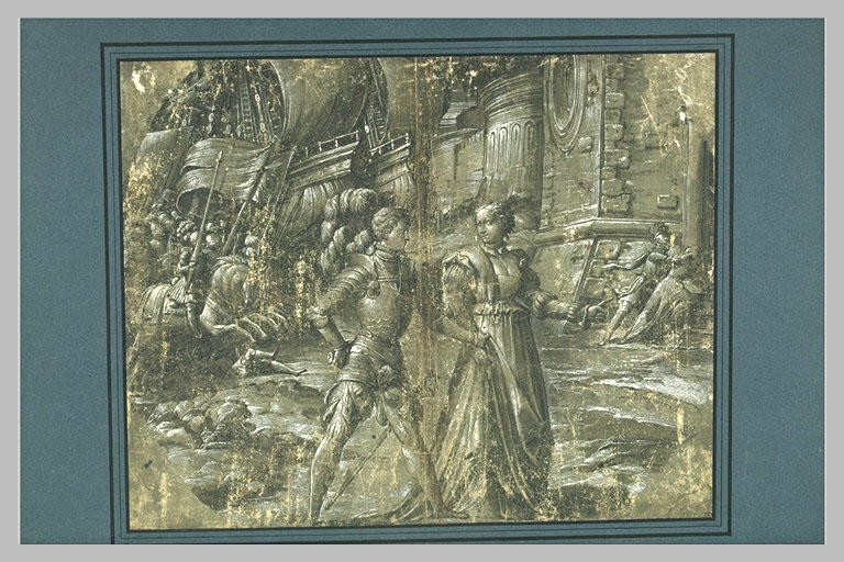 Dame conduisant un chevalier en armure devant une cité assiégée