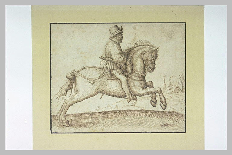 Cavalier au galop se dirigeant vers la droite