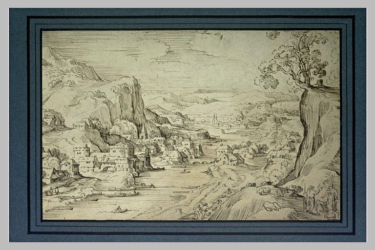 Vallée rocheuse avec village au bord d'un fleuve