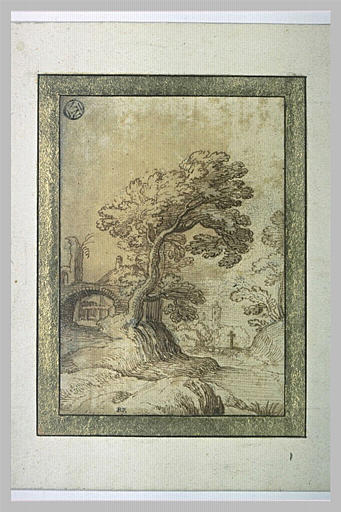 Paysage avec une arche à gauche et un ruisseau