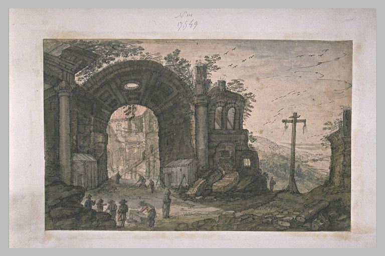 Paysage avec une grande voûte antique à gauche