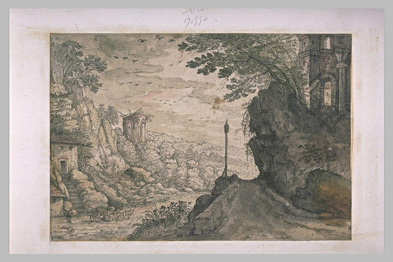 Vallée rocheuse et boisée, avec route animée d'un carosse