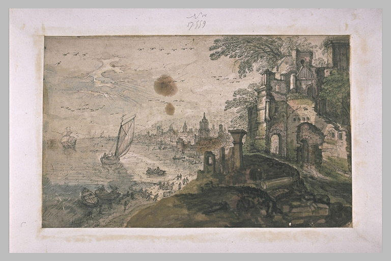 Ville au bord de la mer, avec des ruines à la droite du devant