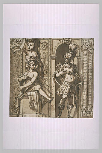 Etude de décoration architecturale, avec un guerrier et une femme nue