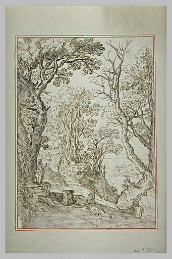 Figures dans une forêt, avec à travers les arbres, une ville au loin