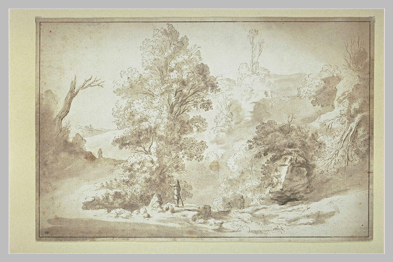 Paysage avec un homme auprès d'un arbre élevé et touffu