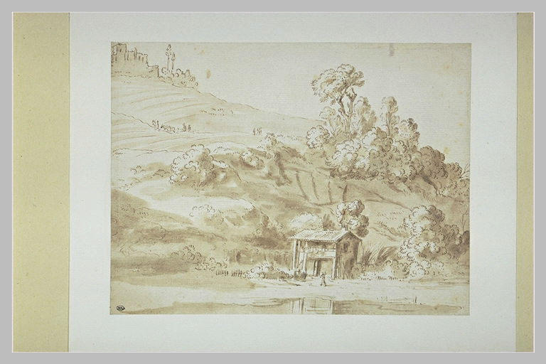 Paysage avec une petite maison, au bas d'une colline boisée