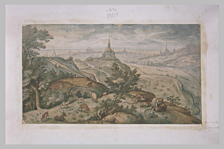 Paysage avec un troupeau, un berger et deux femmes