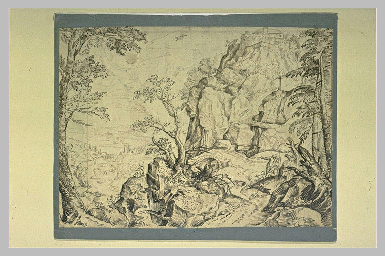 Paysage : escarpement rocheux avec un calvaire au bord d'une vallée