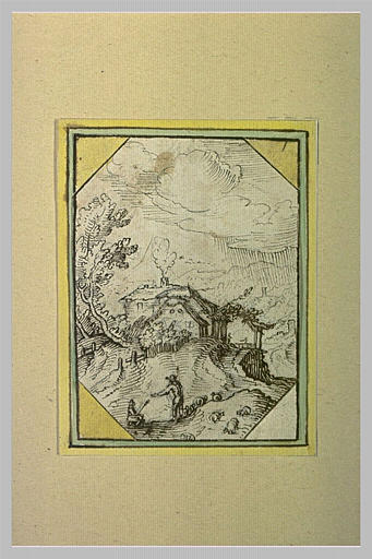 Paysage avec berger et bergère devant une auberge, dans la vallée