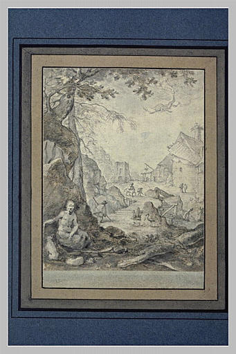 Entrée d'un hameau, avec une figure nue jouant avec un animal
