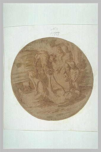 Un faune versant à boire, par un entonnoir, à un homme étendu sur le dos