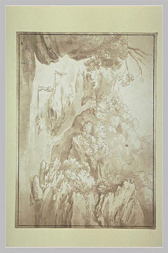 Chemin et cascade, sur le flanc d'une colline boisée, et deux figures