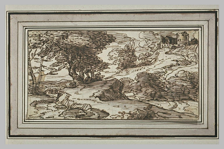 Paysage avec un château à demi-ruiné sur une colline