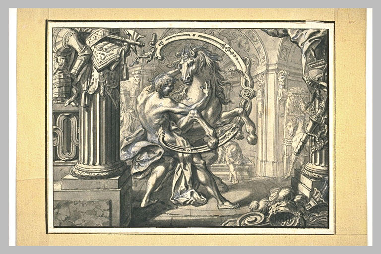 Lettre C inversée, ornée d'un cheval et d'un homme