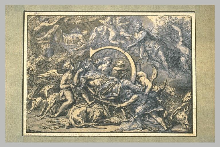 Céphale, couché, ornant la lettre C inversée