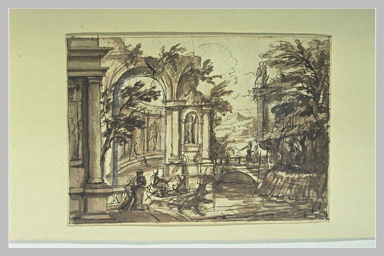 Vue d'un bassin entouré d'architectures et d'ormeaux