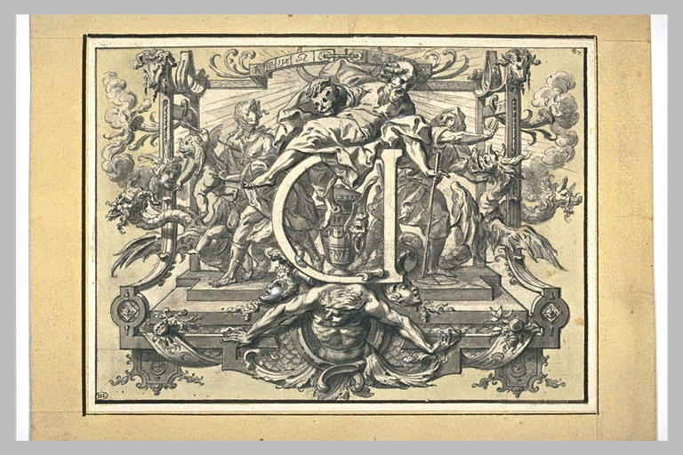 Lettre D, inversée, ornée d'un devin