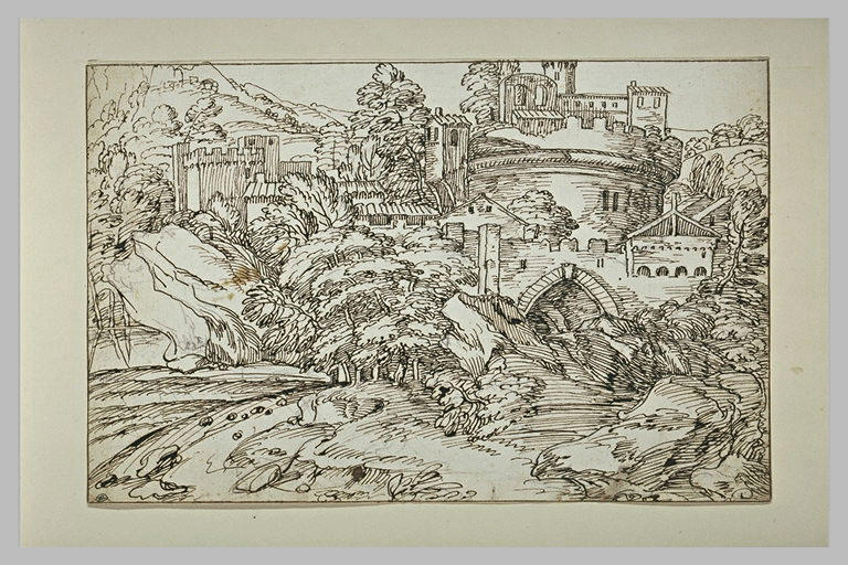 Bourgade fortifiée, avec un large donjon circulaire, dans un paysage rocheux