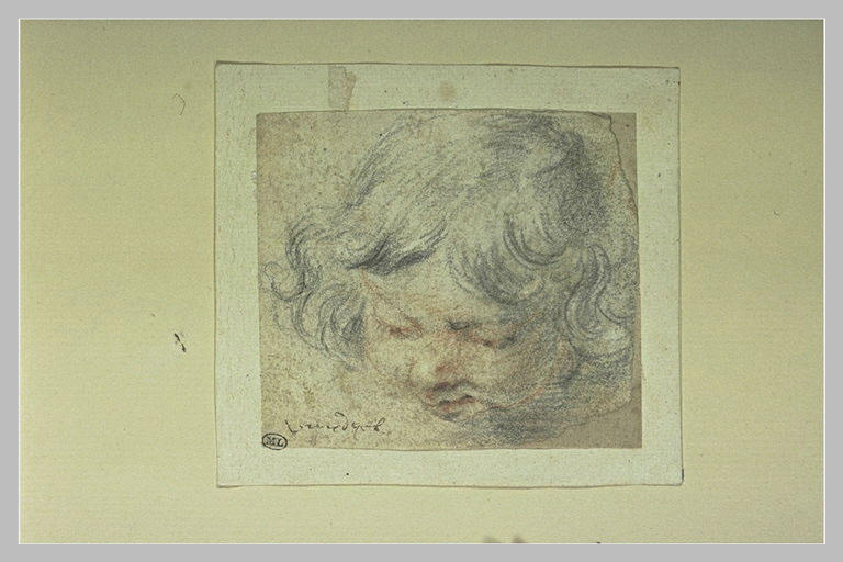 Etude d'une tête d'enfant, vue de face, en raccourci