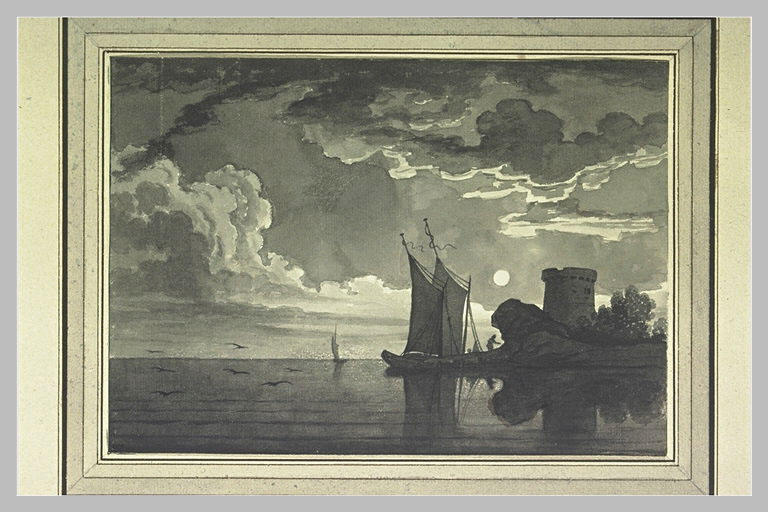 Marine : deux bateaux sous la lune, près d'une rive surmontée d'une tour