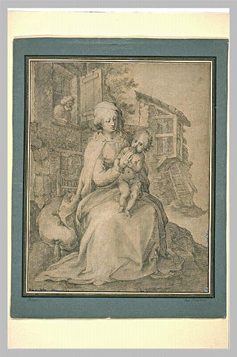 La Vierge et l'Enfant devant une chaumière, avec saint Joseph à la fenêtre