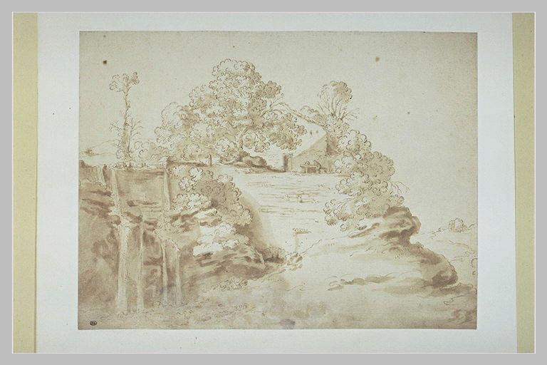 Paysage italien avec une maison et une cascade