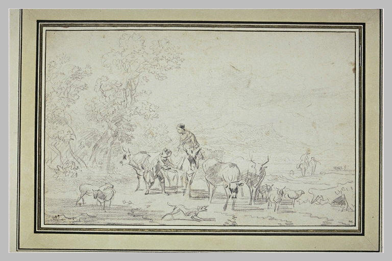 Paysage avec un troupeau et deux paysans