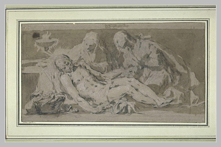 La Vierge, saint Jean et sainte Madeleine auprès du Christ, étendu à terre