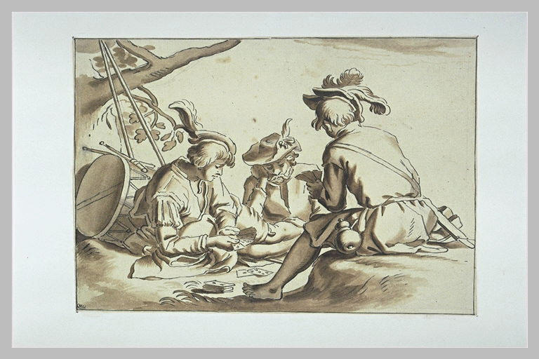 Trois soldats assis à terre et jouant aux cartes