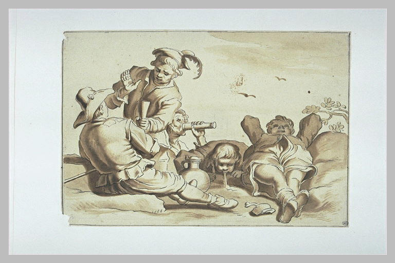 Cinq hommes, couchés ou assis