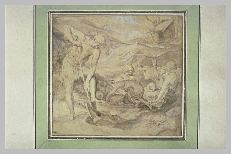 La famille d'Adam : Adam bêche et Eve file devant les deux enfants