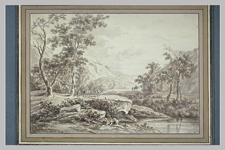Paysage avec un étang, près d'une route animée de figures et d'ânes