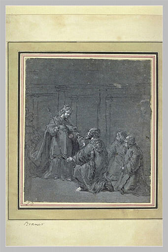 Une reine remet un livre à un des trois personnages agenouillés devant elle