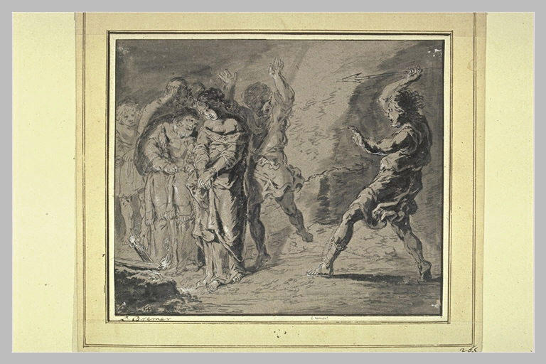 Supplice d'une vestale, entourée de cinq personnes et d'un homme armé