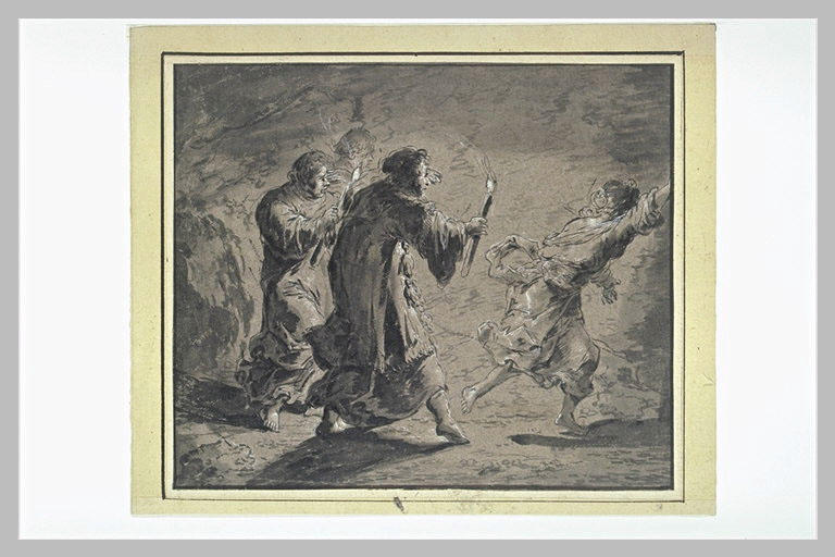 Une femme poursuivie par des prêtres portant des flambeaux