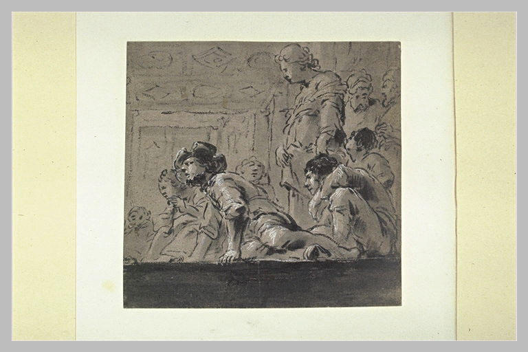 Neuf figures au haut d'une galerie de palais, regardant en bas