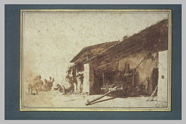 Une ferme avec un hangar, abritant une charrette et un pressoir