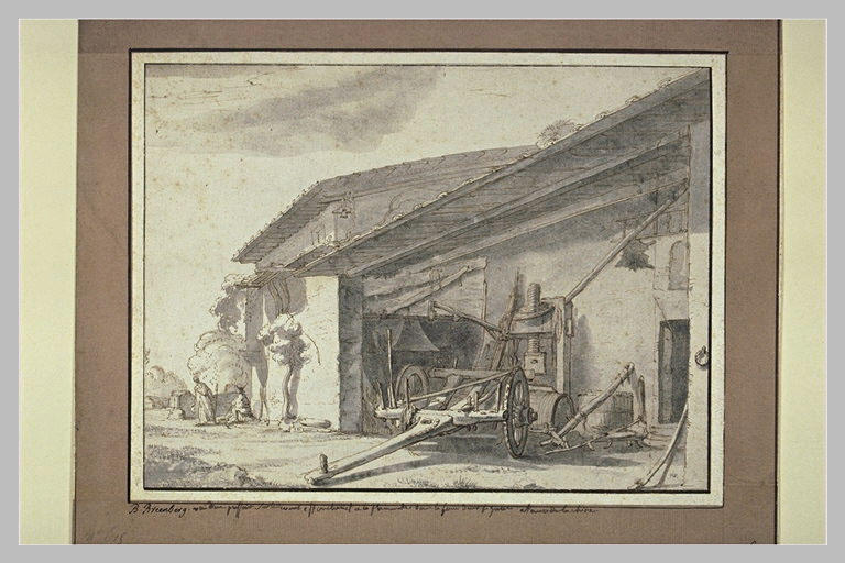 Une ferme avec un hangar, abritant une charette et un pressoir