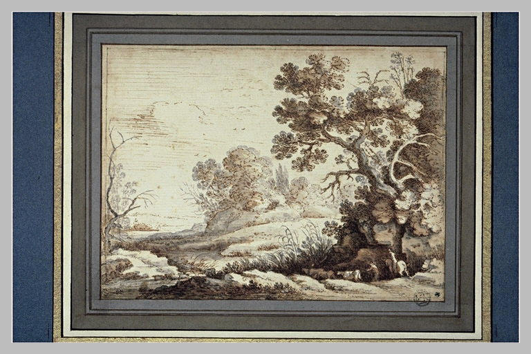 Paysage avec un cours d'eau, des vaches, un cavalier et un homme